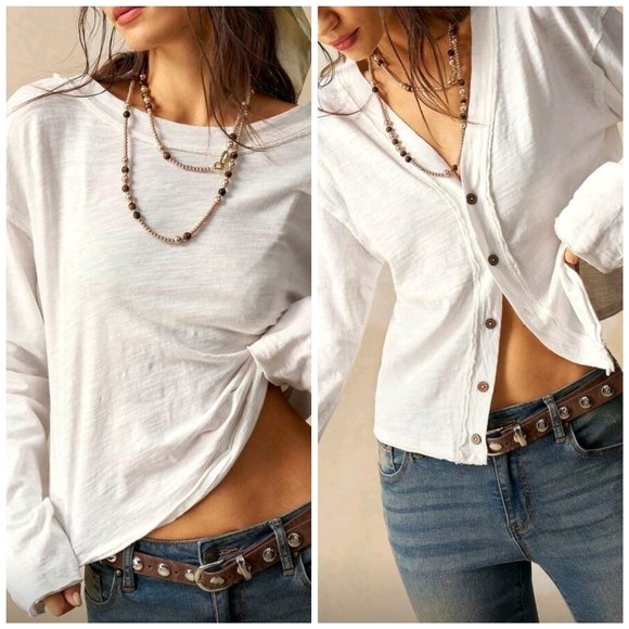 Boutique Tops - New Reversible Cotton V Neck Button Down Knit Tee Shirt Top Long Sleeve White